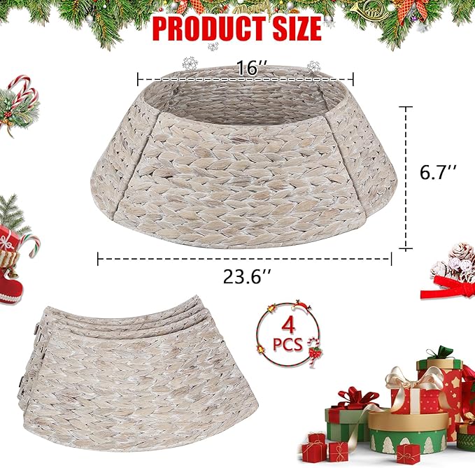 Christmas Tree Collar 24'' D Handmade Hyacinth Tree Collar Basket Rattan Wicker Christmas Woven Tree Ring Stand Base Cover for Christmas Holiday Decoration-White Washed