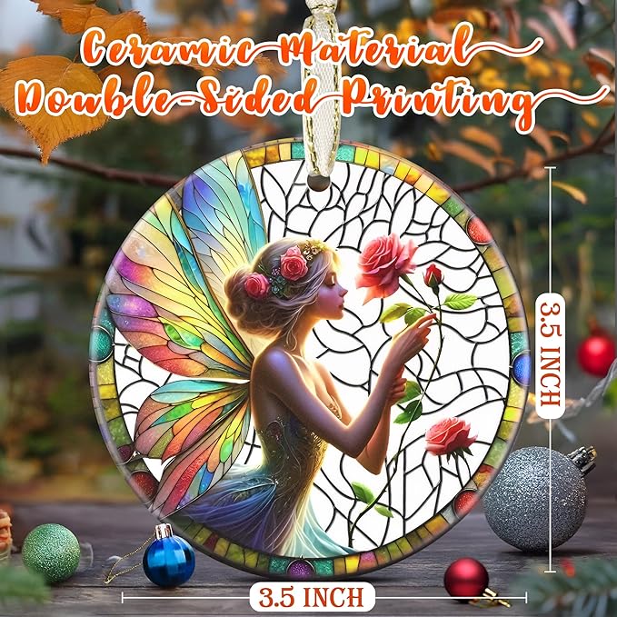 3.5 Inch Ceramic Christmas Tree Ornament, Enchanting Fairy & Rose Christmas Ornaments, Heirloom Keepsake, Gift Exchange, Gift Idea, Bauble Present