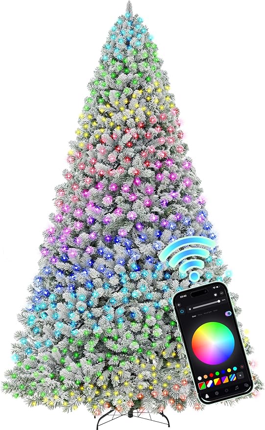HOLLO STAR 12 ft Flocked Prelit Christmas Tree with 1097 LED Lights, App Control, Artificial Christmas Tree, Multi-Color RGBW Lights, 4000 Branch Tips, Snow Xmas Tree, for Villa, Mall, Party