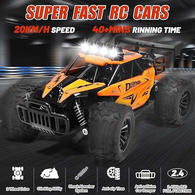 1:16 Scale Remote Control Car - 2.4GHz High Speed 20KM/H All Terrain RC Monster Truck Off Road with LED Headlights and Rechargeable Battery Xmas Gift for Adults Boys Age 8-12