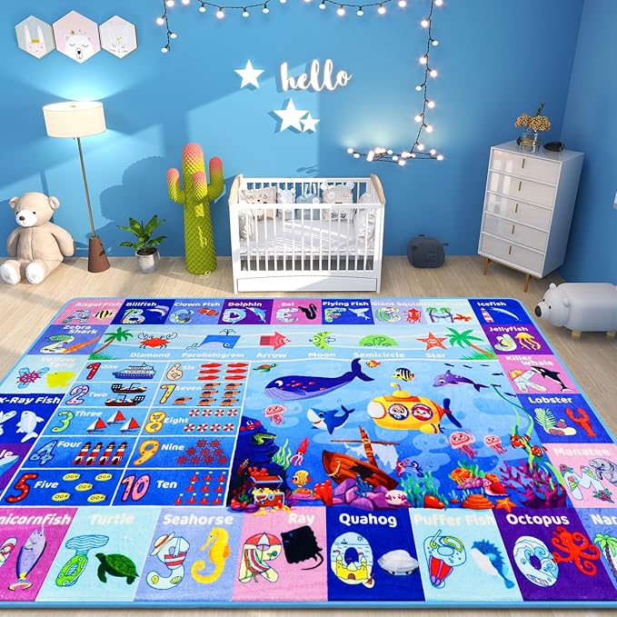 ABC Kids Rug for Playroom 78.7"118" Ocean Baby Play Mat Alphabet Sea Animal Number Shape Classroom Early Learning Carpet for Preschool Toddlers