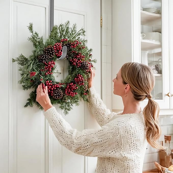 MCFULL 14 in Wreath Hangers for Front Door,Sturdy Metal Wreath Doors Hangers,Over The Door Hooks for Front Porch Decor,Silver Garland Hooks Holders for Halloween Christmas Decorations,2 Packs