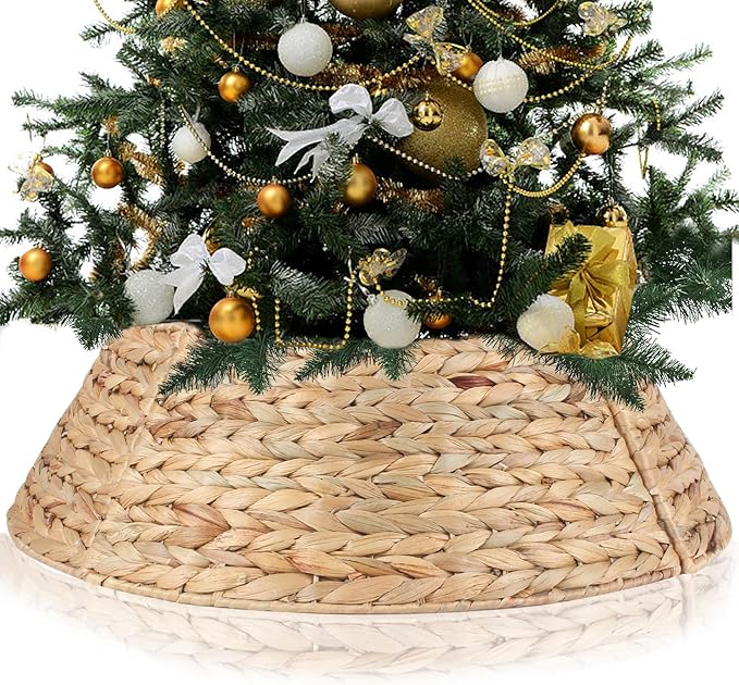 Christmas Tree Collar 24'' D Handmade Hyacinth Tree Collar Basket Rattan Wicker Christmas Woven Tree Ring Stand Base Cover for Christmas Holiday Decoration-Round Natural