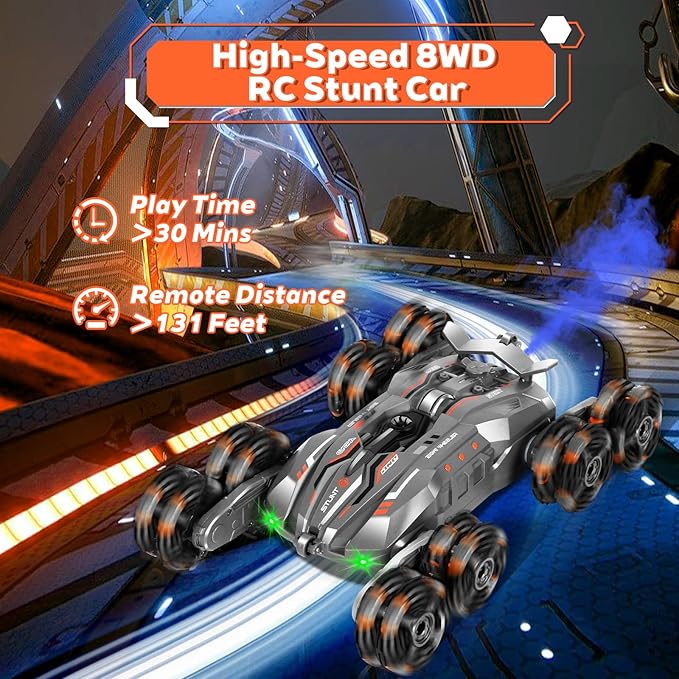8WD Remote Gesture Sensing Stunt Control Car with Light Spray Effect, Music & Automatic Demonstration 8 Wheel 360°Flip Double Sided Rotate Stunt Car, 2.4Ghz RC Vehicle Toy for Age 3-6 7-13 Kids Gifts