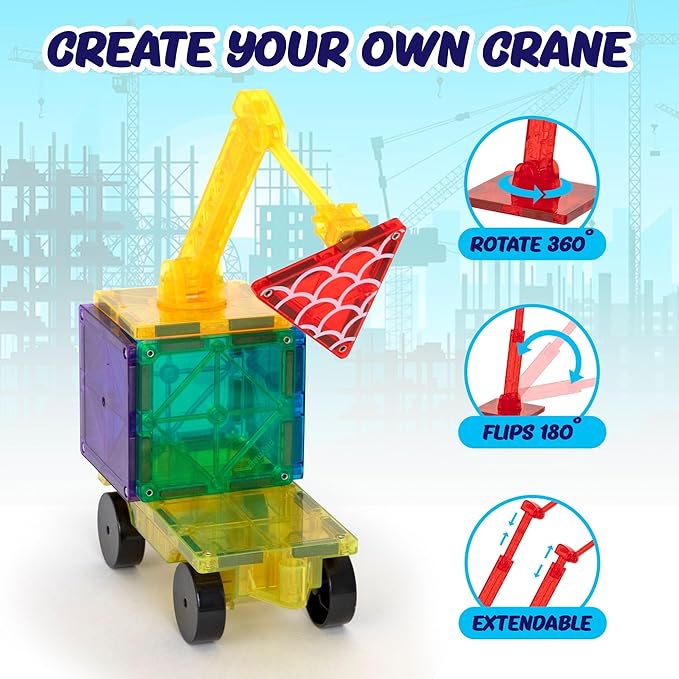 Playmags City Construction Magnetic Tiles Set, Building Blocks with Crane & Road Pieces, Educational STEM Toys for Boys & Girls Ages 3+ 52-Piece