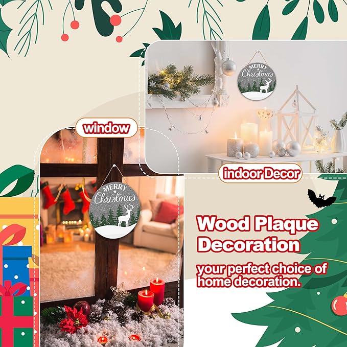 Merry Christmas Tree Sign Decorations, 10x10 Inch Xmas Reindeer Decorative Wooden Plaque with Jute Rope for Door Wall Shelf Decor, Winter New Year Gifts-MBA03