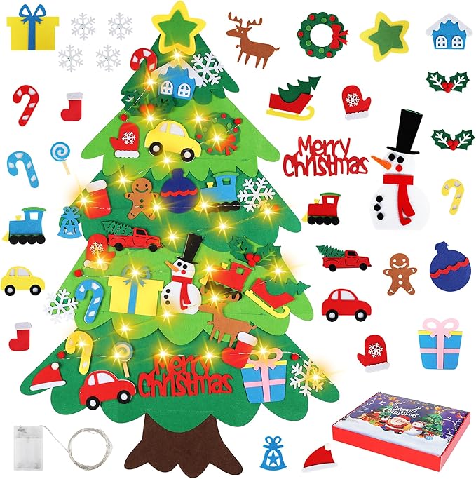 Onekka DIY Felt Christmas Tree Set with 32pcs Ornaments for Kids, Xmas Gifts, Wall Hanging Toddler Christmas Tree with String Light(Without Battery)