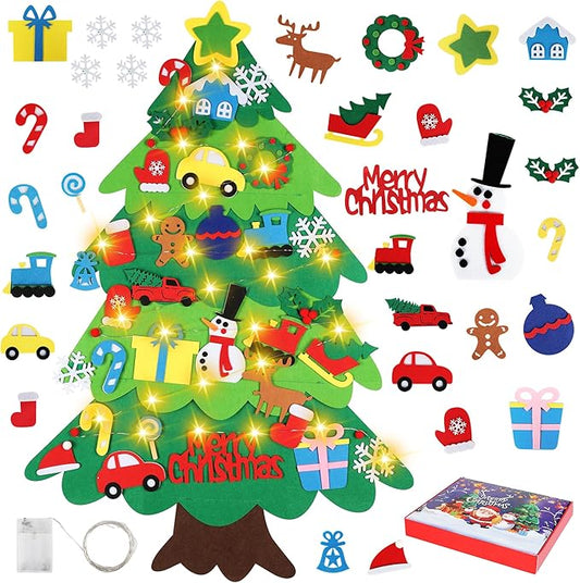 Onekka DIY Felt Christmas Tree Set with 32pcs Ornaments for Kids, Xmas Gifts, Wall Hanging Toddler Christmas Tree with String Light(Without Battery)