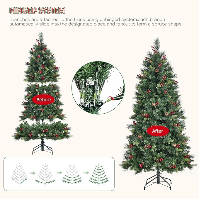 6FT Pre-lit Artificial Christmas Tree, Pre-Decorated Fluffy Fraser Fir with 350 Warm White Lights, 900 Hinged Branch Tips, Pine Cones & Berries, Includes Metal Stand for Holiday Decor
