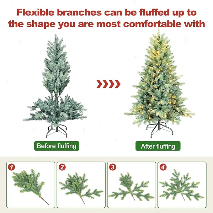 6 Ft Pre-Lit Artificial Christmas Tree, w/ 350 LED Warm Lights, 1390 PE&PVC Mixed Branch Tips, Faux Xmas Tree for Home, Office, Party Decoration, Easy Assembly, Metal Hinges & Foldable Base