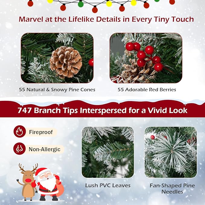 GOFLAME 6FT Pre-Lit Christmas Tree with Pine Needles, Hinged Artificial Xmas Tree with 747 Branch Tips, 350 LED Lights, 55 Pine Cones & 55 Red Berries, Holiday Decoration Tree with 11 Lighting Modes