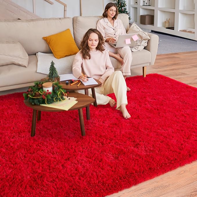 5'x7' Super Fluffy Rug for Bedroom, Modern Shag Red Area Rugs, Soft and Cozy Plush Large Carpet for Kids, Girls Boys and Teens Decorations for Living Room Dorm Nursery Classroom, Red
