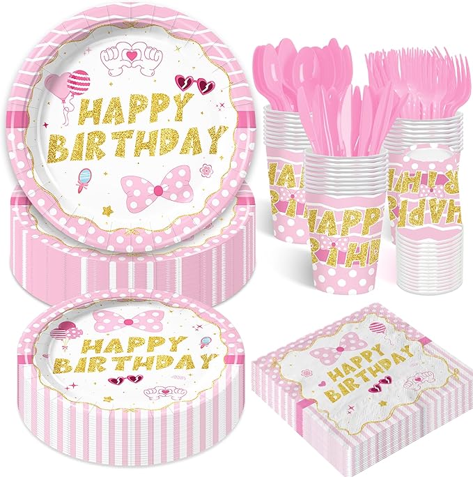 168pcs Pink Mouse Party Supplies Cartoon Mouse Birthday Decorations Paper Plates and Napkins Tableware Set for Girls 1st 2nd 3rd 4th 5th Birthday Party Supplies 24 Guests