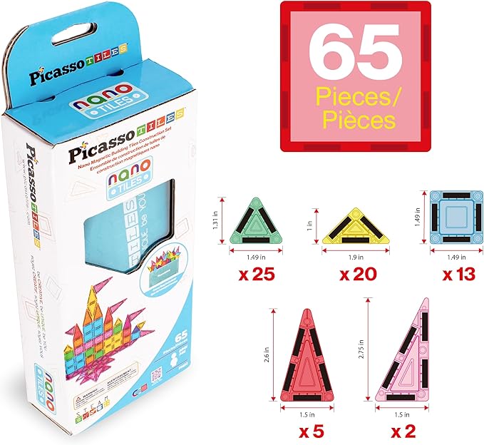 PicassoTiles 65pc Nano Magnetic Tile Travel Size Mini Portable Toy Construction Building Blocks Playset with Storage Bag Pouch STEM Montessori Classroom Magnet Tiles Stacking Toys for Kids Age 3+ PN03