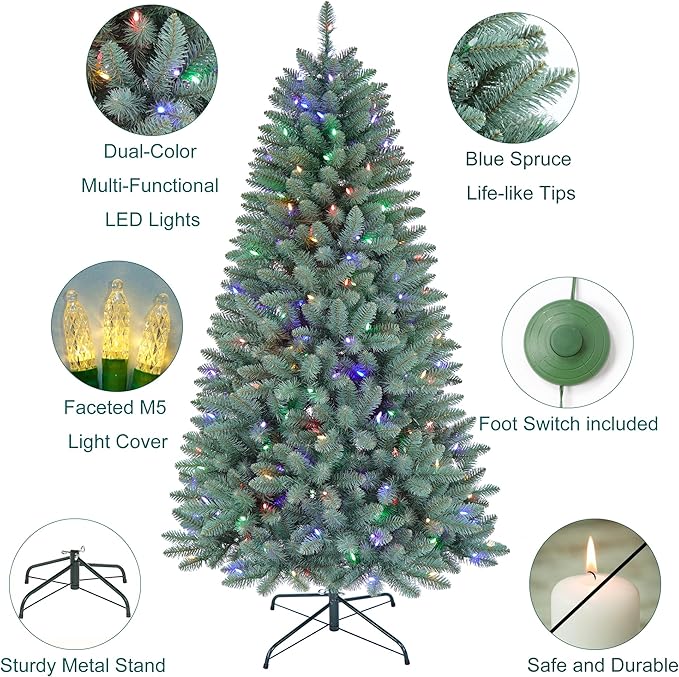 6.5FT Prelit Slim Artificial Christmas Tree with 813 Branch Tips, 250 Dual-Color LED Lights and Metal Stand, Realistic Skinny Pencil Blue Spruce Tree for Holiday Décor