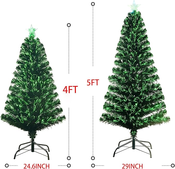 4FT Pre-lit Fiber Optic Christmas Tree with Lighted Star, PVC & Iron Construction, Green Artificial Christmas Tree with 141 Branch, Indoor Christmas Decorations, Holiday Home Xmas Decoration