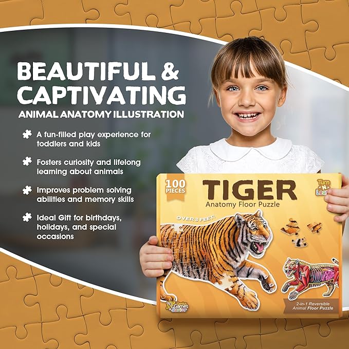 Tiger Animal Anatomy Floor Puzzle | 100-Piece Double Sided Jigsaw Puzzle | Large-Sized, Over 3 Feet Scientifically Accurate Illustration - Fun and Educational Toy for Kids, Toddlers and Families