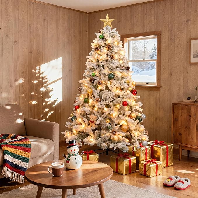 6Ft Prelit Christmas Tree,Snow Flocked Artificial Hinged Holiday Christmas Pine Tree,Xmas Tree w/400 LED Lights and 1200 Snow Flocked Branch Tips for Home,Office,Party Decoration