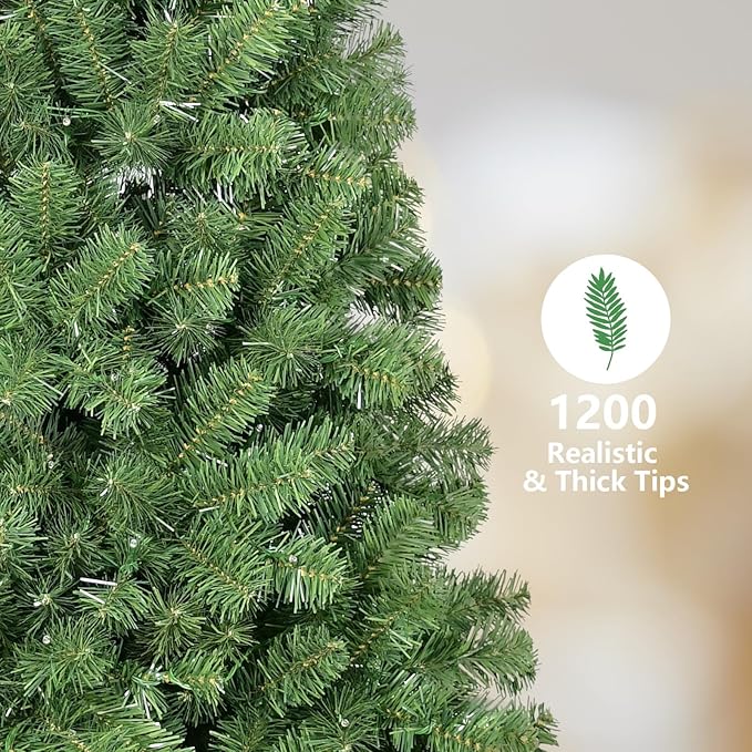 7.5ft Unlit Christmas Tree with 1200 Steel Branch Tip,Premium Full Hinged Spruce Christmas Tree with Foldable Base, Artificial Xmas Tree for Easy Holiday Setup