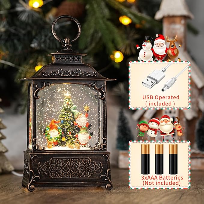 Christmas Snow Globes with Gnomes, Light Up Snow Globe with Music Timer - USB Plug or Battery Operated Glitter Globe Indoor Christmas Decorations