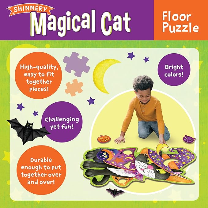 Peaceable Kingdom Shimmery Magical Cat Floor Puzzle, Giant Halloween Puzzle for Kids Ages 3 & up, Fun-Shaped Puzzle Pieces, Great for Classrooms