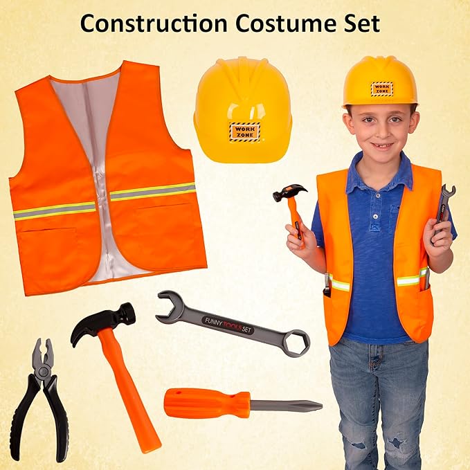 Tigerdoe Construction Costume for Kids - Construction Hat and Costume Vest - Dress Up Accessories for Children (3 Costume Sets - Construction, Swat and Fireman Costume)