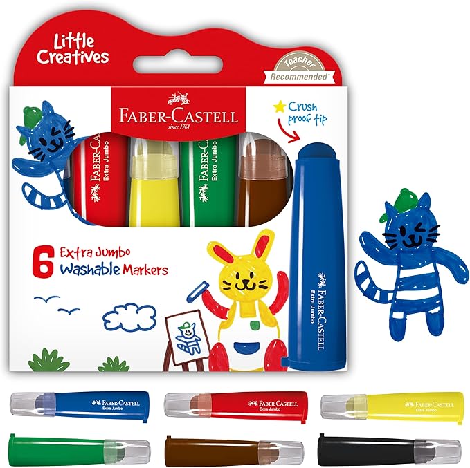 Faber-Castell Little Creatives Extra Jumbo Ultra Washable Markers for Kids - 6 Colors, Back to School Supplies, Art Supplies for Kids Toddlers, Preschool (Ages 3+)