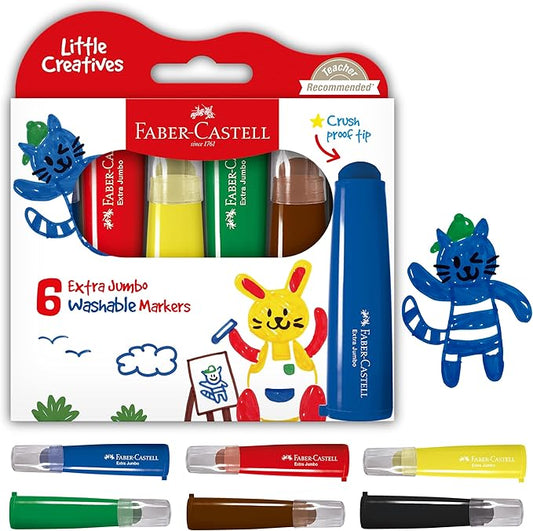 Faber-Castell Little Creatives Extra Jumbo Ultra Washable Markers for Kids - 6 Colors, Back to School Supplies, Art Supplies for Kids Toddlers, Preschool (Ages 3+)