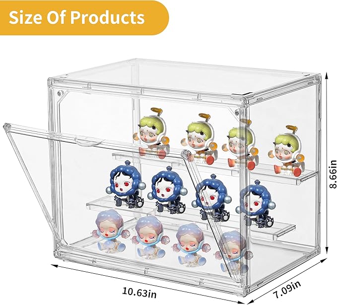 Acrylic Display Case,3 Layer Clear Display Case Adjustable Display Box Stand with 2 Movable Dividers Small Showcase Magnetic Door for Collections Mini Figures
