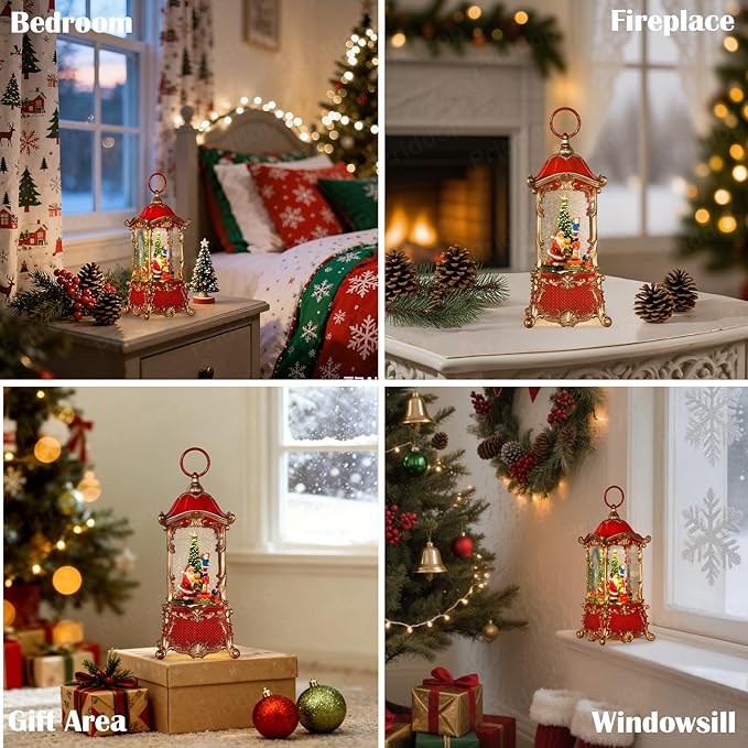 Santa Snow Globe Christmas Decorations Indoor Christmas Tree Gifts for Child Classic Relief Texture Musical Glitter Snowfall USB/Battery Timer Lantern 12.5 inch