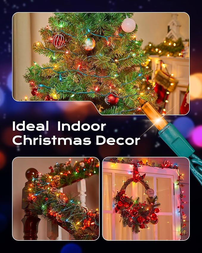 Brightown Multicolor Christmas String Lights, 200-Count 50ft Incandescent Bulb Mini Lights for Indoor Holiday Decor, Christmas Tree Garland Wedding Party Multi-Use Festival Decoration, Green Wire