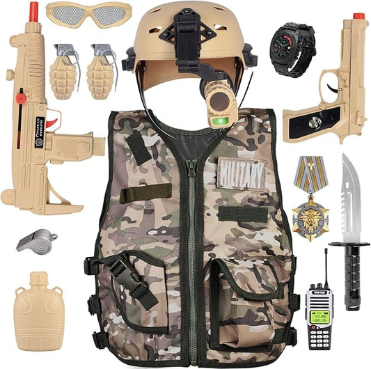 Kids Army Military Combat Soldier Costume Halloween Party Role Play Dress up Birthday Gift Set includes Camouflage Vest, Helmet, and Toy Accessories for 3-8 Years Old Toddlers Boys Girls