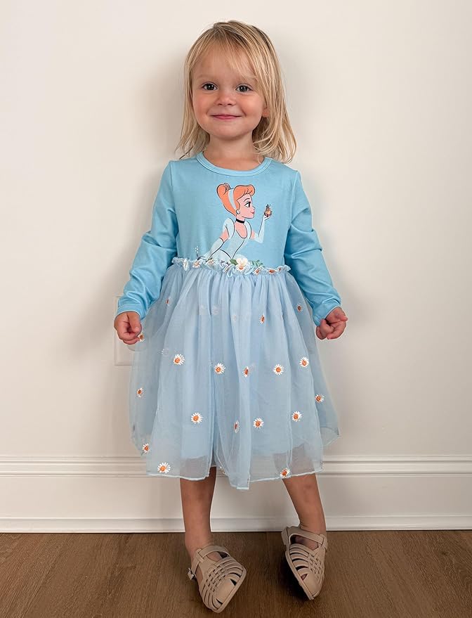 Disney Frozen Elsa Princess Cinderella Ariel Jasmine Rapunzel Baby/Toddler Dress, Ruffle Long-Sleeve Mesh Overlay Tulle Dress