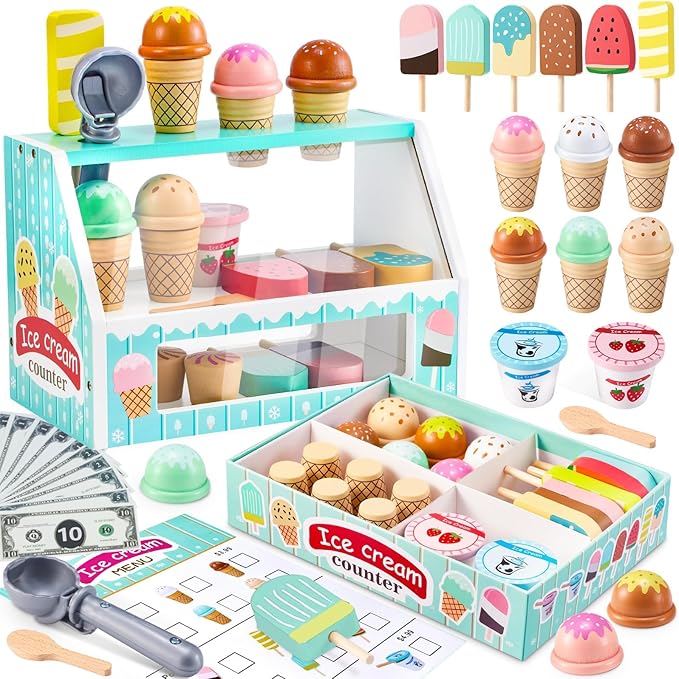 WHOHOLL Wooden Ice Cream Counter Playset for Toddler Girl Toys, Play Store Pretend Toy Food Play Kitchen Accessories with Fake Money & Coin, Gifts for 3+ Year Old Kids (Green)