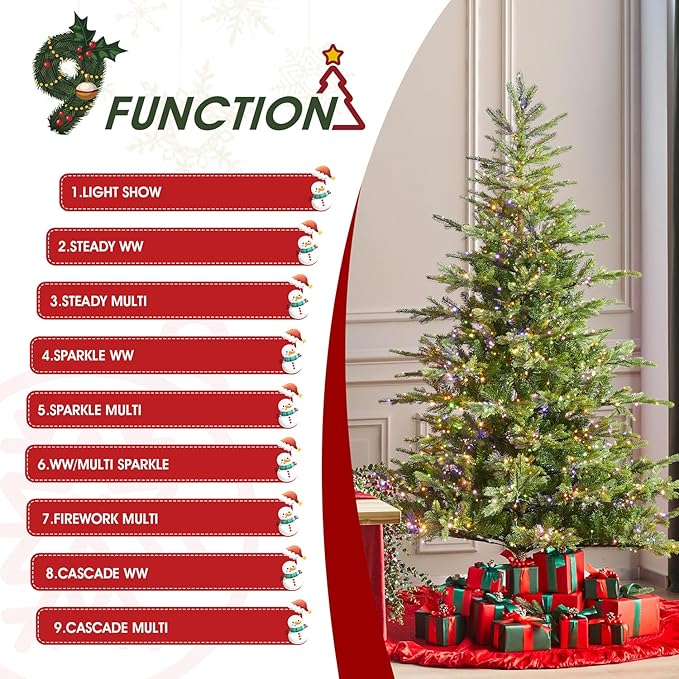 Glitzhome Prelit Christmas Tree, 7.5ft Green Full Christmas Tree Vibrant Evergreen Fir with 1600 Warm White/Multi-Color Horse Race LED Lights, 9 Function w/Foot Pedal and Remote Control,Easy Assembly