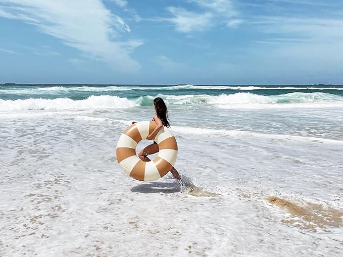 Petites-Pommes Donut Floaties for Adults - Durable Inner Tube, Handprinted Classic Striped Design Swimming Tube, Soft Comfort Seaming, Packable Floats for Travel, Light Brown, 47 inch