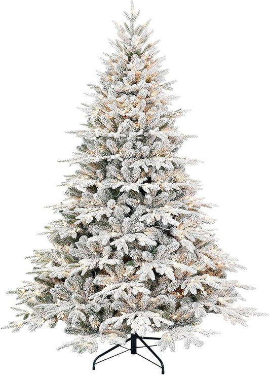Prelit Flocked Artificial Full Christmas Tree 5FT with 1528 PE PVC Tips, Premium Snow Pre-Lit Holiday Xmas Tree with 300 UL Incandescent Lights, Foldable Base for Home Office Party
