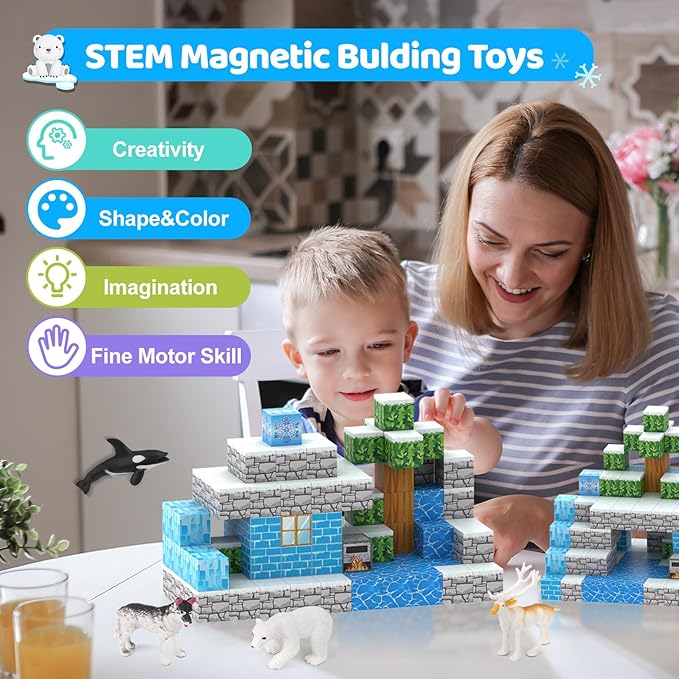 Magnetic Blocks 110PCS with 6 Animal Toys, Snow World Building Blocks Set, Boys & Girls Age 4-6,5-7,6-8, Stacking Building for Toddlers & Kids 3+