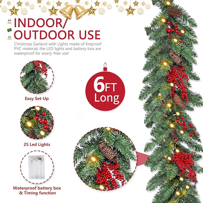Christmas Garland Lighted Indoor Outdoor Decorations Artificial Christmas Garlands with Light Mantel Pine Cone Red Berries for Door Porch Holiday Party Outdoor Indoor Xmas Decor 6FT