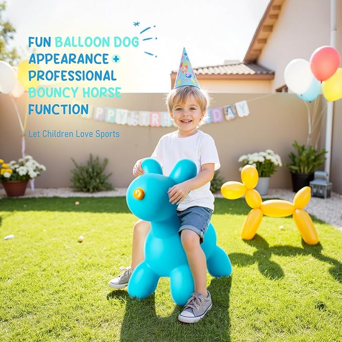 ZOOJOY Bouncy Animal Hopper, Blue Balloon Dog Bouncy Horse for Toddlers, Inflatable Ride-on Hopping Toys with Pump for Indoor & Outdoor Play, 3 4 5 6 7 Years Birthday Gift for Boys & Girls