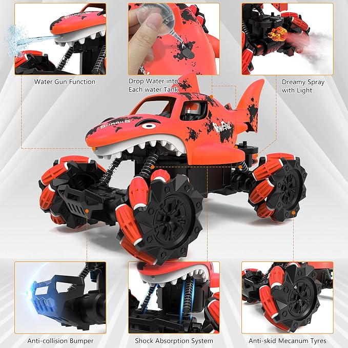 Eulogia Shark Remote Control Car, RC Stunt Car Toy with Water Shooting Spray, Music, 360-degree Rotations Drifting, One-Key Demo Programming Fun Truck Gift for Boys Grils (Red)