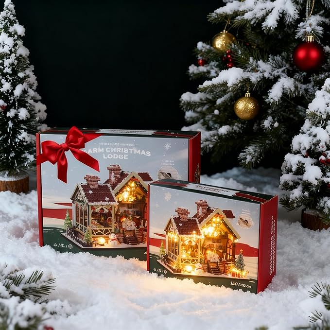 DIY Christmas Miniature House Kit Mini Wooden Dollhouse Kits for Adults Xmas Eve Snowflakes Building with LED Light, Diorama Model Birthday Gifts for Family/Friends