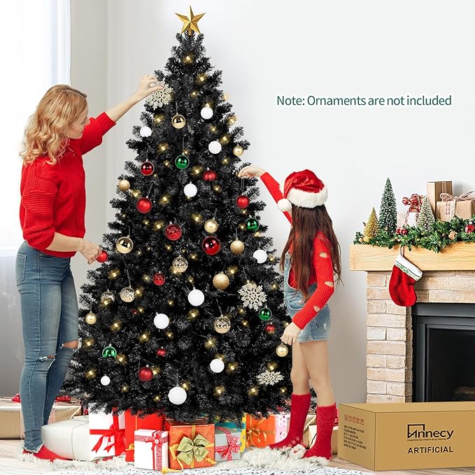 Annecy 6ft Pre-Lit Christmas Tree, Black Artificial Full Spruce Christmas Tree for Home, Office, Party Decoration w/ 970 Branch Tips, 250 Warm White & Multi-Color Lights, Metal Hinges & Base,Black 6ft