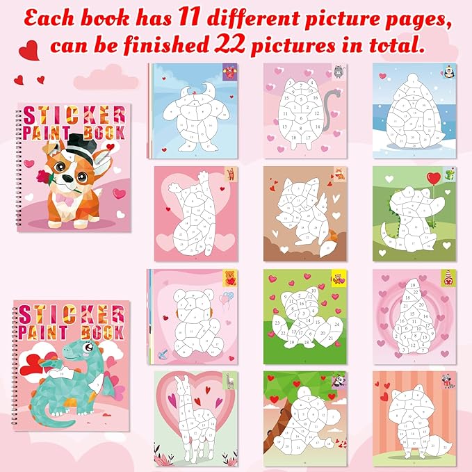 90shine 2PCS Valentine's Day Gifts for Kids Sticker Books - Valentines Crafts Ages 4-8 Create 22 Pictures