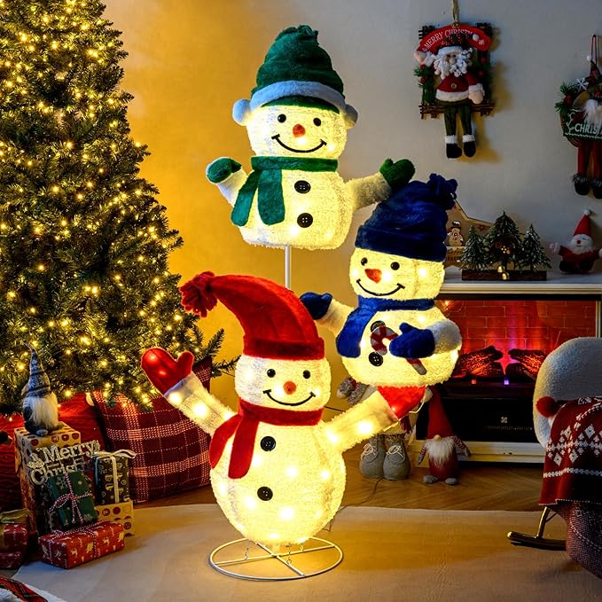Tangkula 5 FT Christmas Lighted 3 Stacked Snowman Decoration, 3D Light-up Snowman with Ground Stakes & Zip Ties, Pre-Lit Xmas Holiday Snowman Decoration for Indoor Outdoor Home Yard