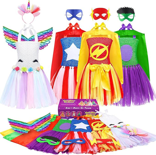 Girls Dress up Trunk Girls Pretend Play Costumes,12pcs Role Play Set with Supergirl Hero Costumes for Toddler Little Girls Ages 3 4 5 6 Years