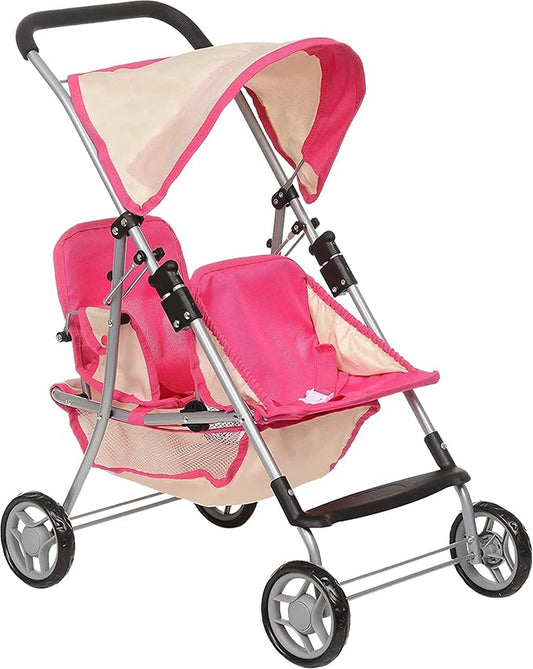 Fash n kolor, Twin Doll Double Stroller | Pink & Off-white Design Easy to Fold Double Stroller with Basket in The bottom