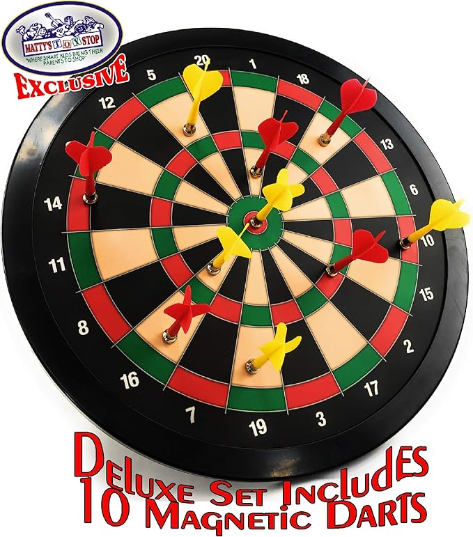 Matty's Toy Stop Deluxe Magnetic Dartboard (Dart Board) 15.5" with 10 Darts Total (5 Yellow & 5 Red)
