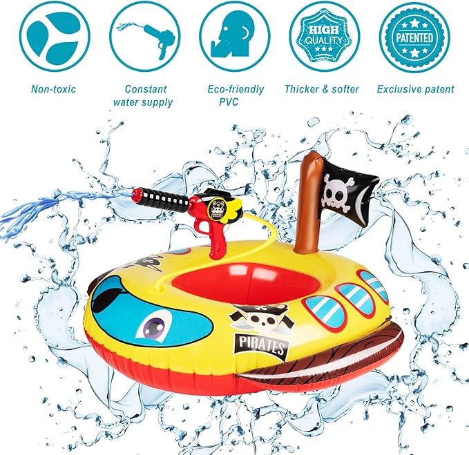 Inflatable Pool Floats Kids with Water Gun, Pirate Ship Pool Floats for Toddlers, Blow Up Pool Toys for Kids Ages 4-8, Summer Fun Boat Shaped Water Toys Swimming Floaties for Boys and Girls