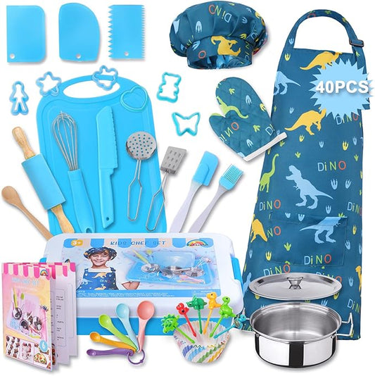 42-Piece Kids Cooking Set - Real Knife, Baking Set, Pots & Pans, Pretend Play Toys - Apron & Chef Hat for Boys